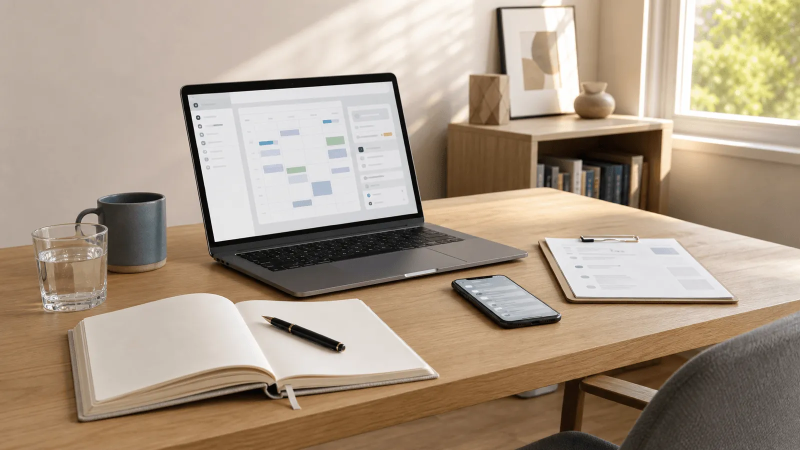 A clean modern therapist's desk in active use mid-morning: a laptop showing a schedule dashboard, an open notebook with a fountain pen, a smartphone with a notification panel, a glass of water and a plain ceramic mug — multiple integrated tools coexisting cleanly in one workspace