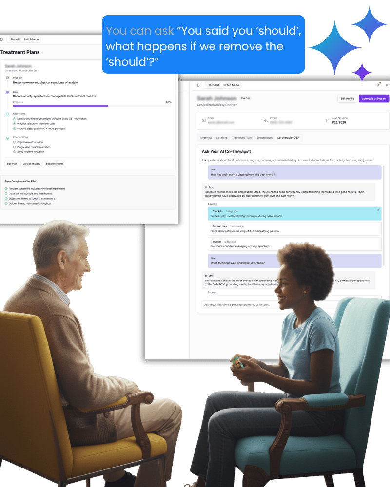 Screenshot of Emosapien, suggesting treatment plan, co therapist chatbot and key moment prompts