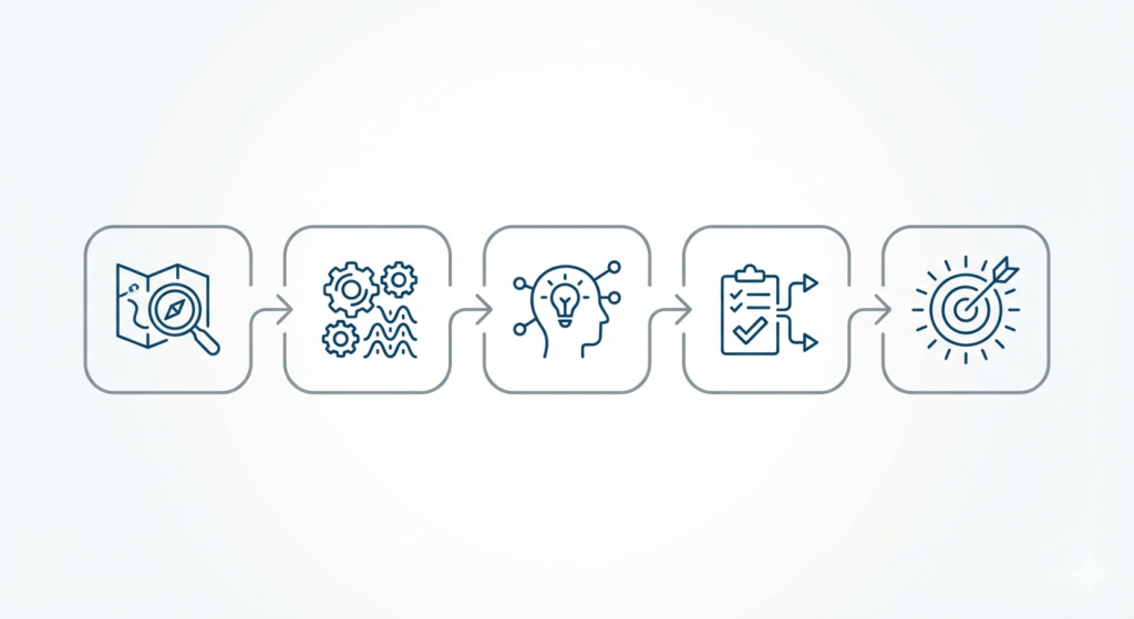 Diagram showing a 5-part psychotherapy note framework flowing from context to pattern, clinical reasoning, decision and plan, and thread to goals or outcomes.