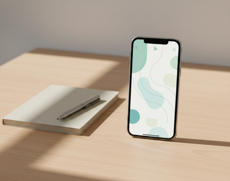 Digital journaling app on a smartphone with a structured check-in template on a therapy desk