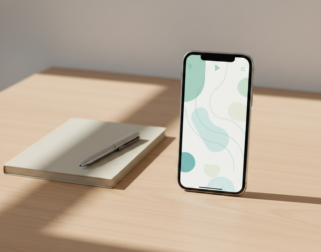 Digital journaling app on a smartphone with a structured check-in template on a therapy desk
