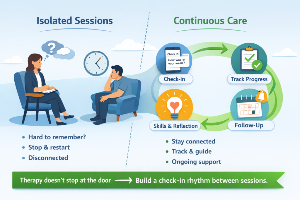 Therapy doesn’t stop at the door, build a check-in rhythm between sessions.