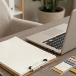 Neat stack of blank therapy worksheets on a clipboard with a pen and sticky tabs on a clean desk in soft natural light.