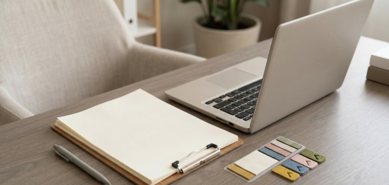 Neat stack of blank therapy worksheets on a clipboard with a pen and sticky tabs on a clean desk in soft natural light.