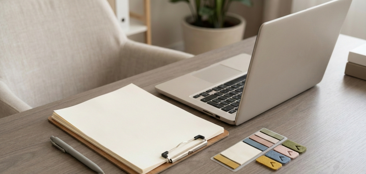 Neat stack of blank therapy worksheets on a clipboard with a pen and sticky tabs on a clean desk in soft natural light.