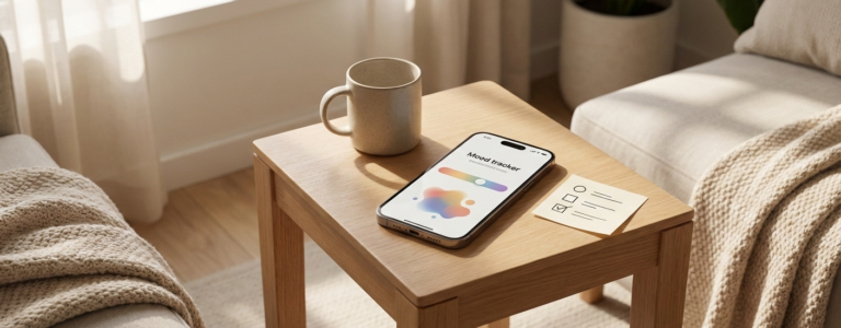 Tablet and notebook on a desk showing a simple therapy journaling check-in template